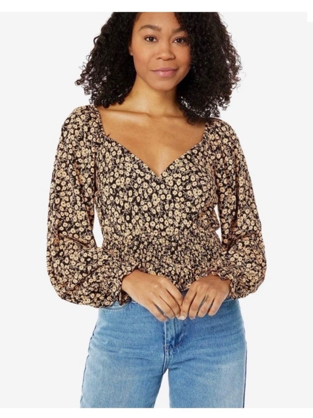 Lost & Wonder M Pick me golden hour floral V neck smocked waist top boho chic
